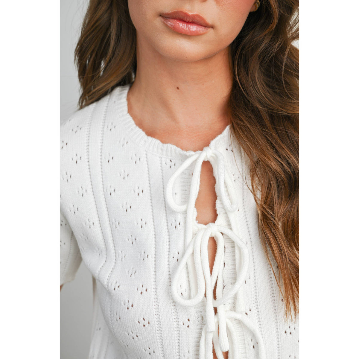 The Michelle Scalloped Tie-Front Pointelle Knit Top