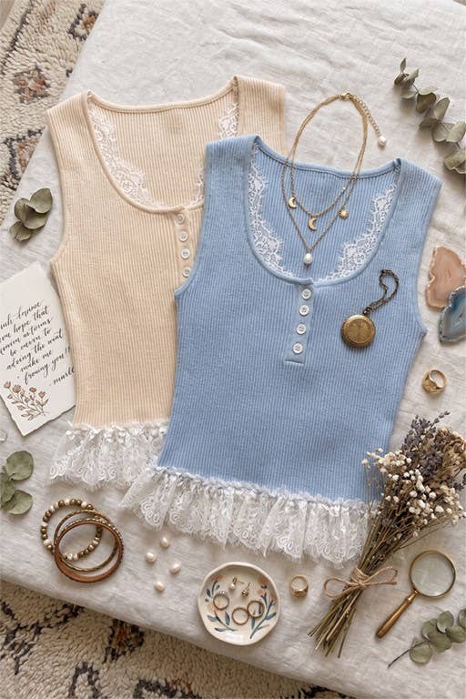 The Junie Lace Trim Ribbed Button Tank Top
