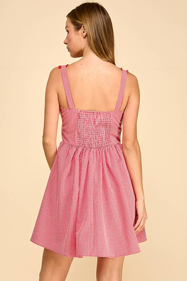 Emily Sweetheart Gingham Lace Tie-Strap Mini Dress