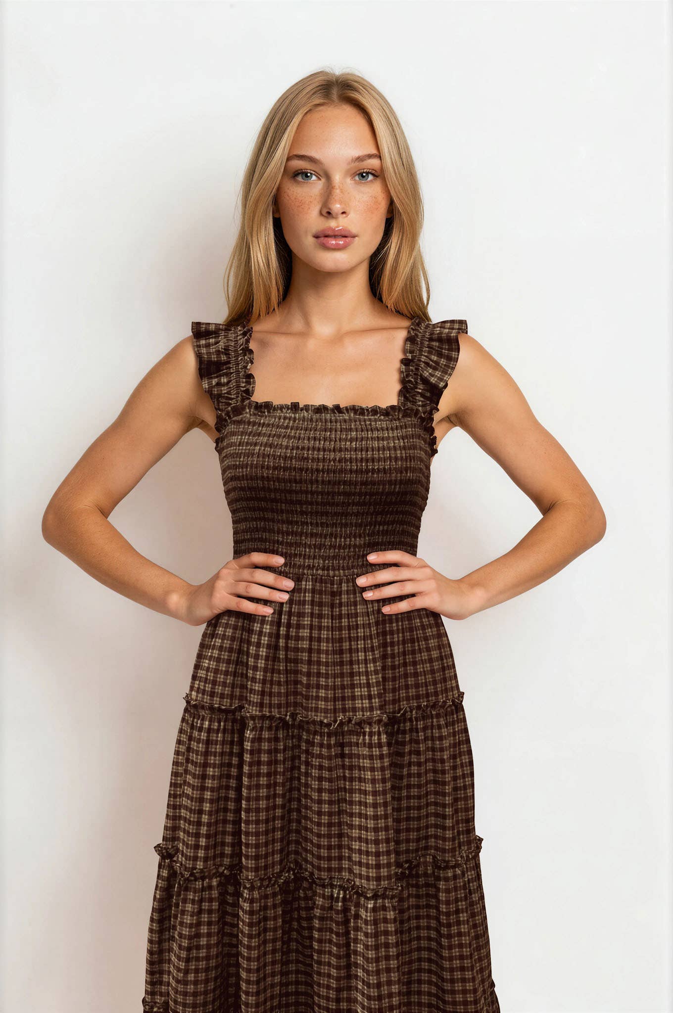 ASHLEY PLAID SMOCKED MIDI DRESS WITH RUFFLE SLEEVE DETAIL