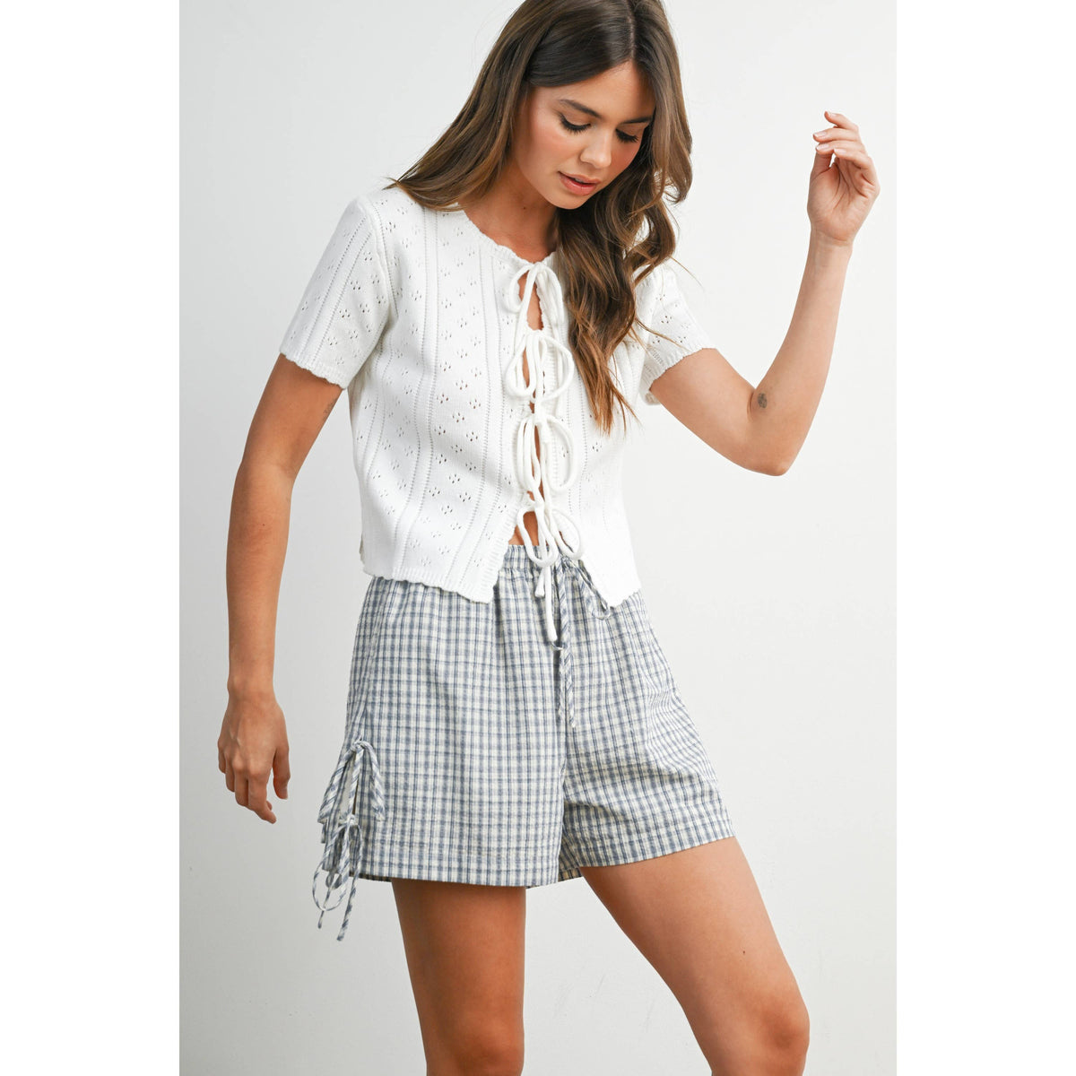 The Michelle Scalloped Tie-Front Pointelle Knit Top