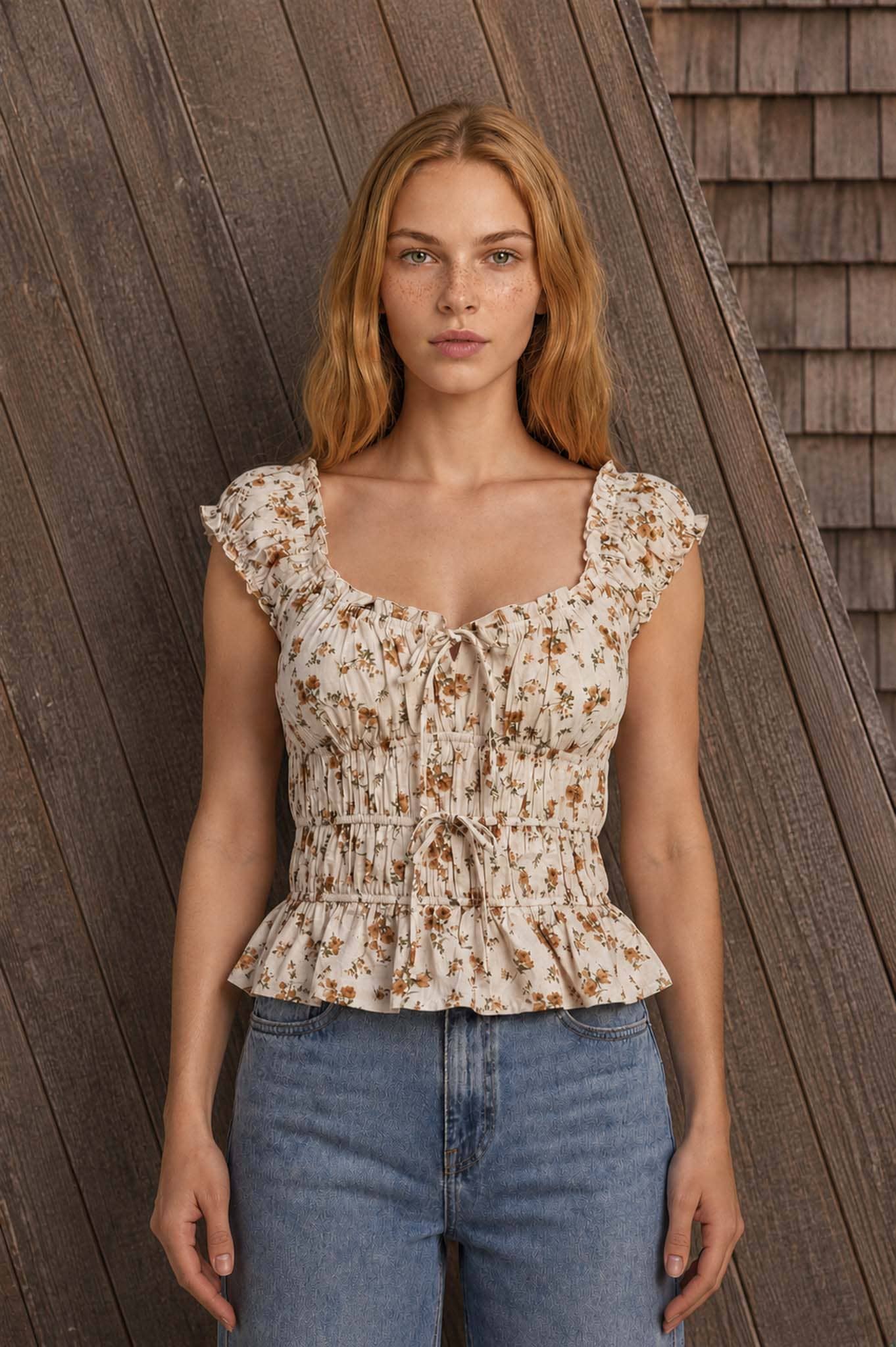 AVA FLORAL FRONT TIE SHIRRED WAIST RUFFLED TOP