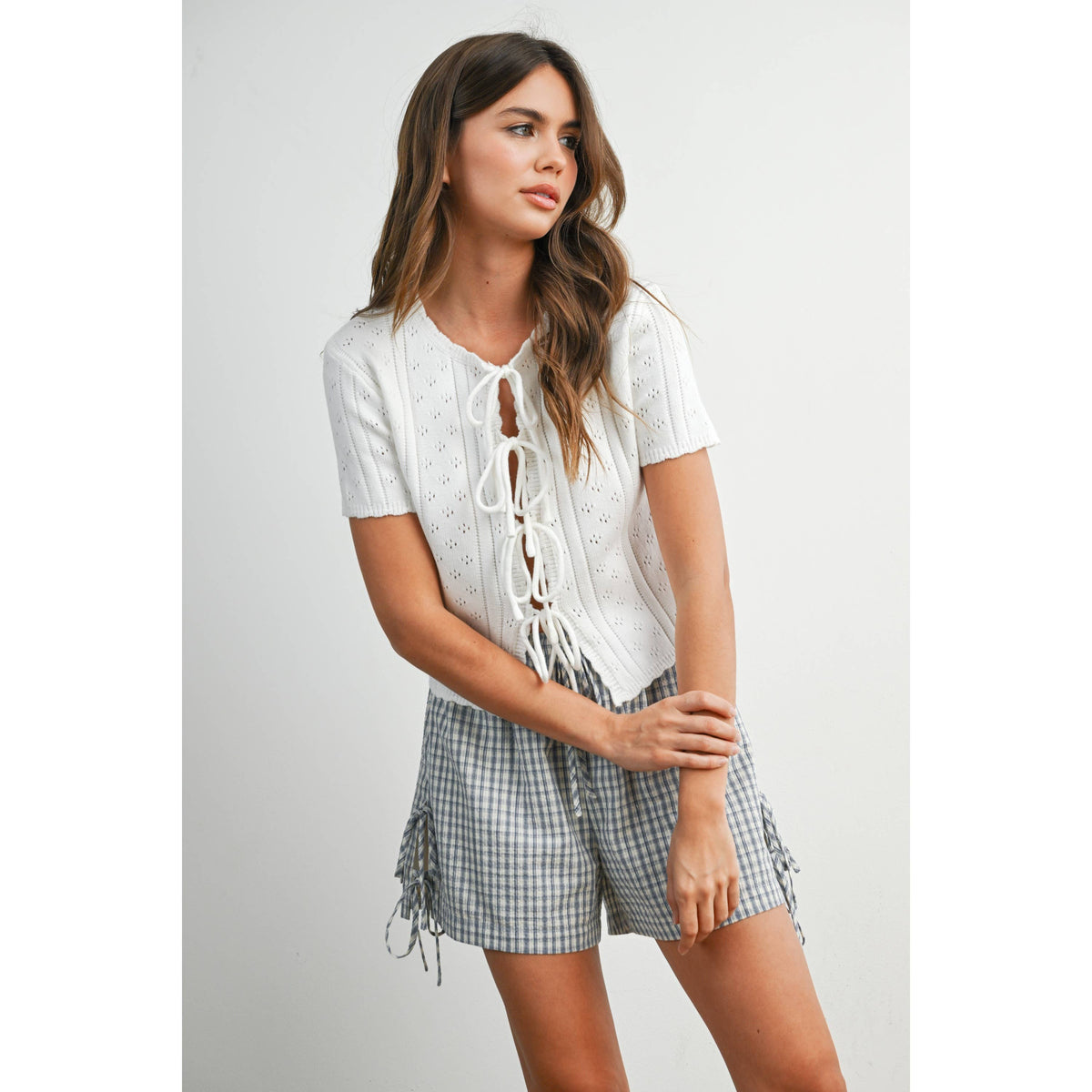 The Michelle Scalloped Tie-Front Pointelle Knit Top