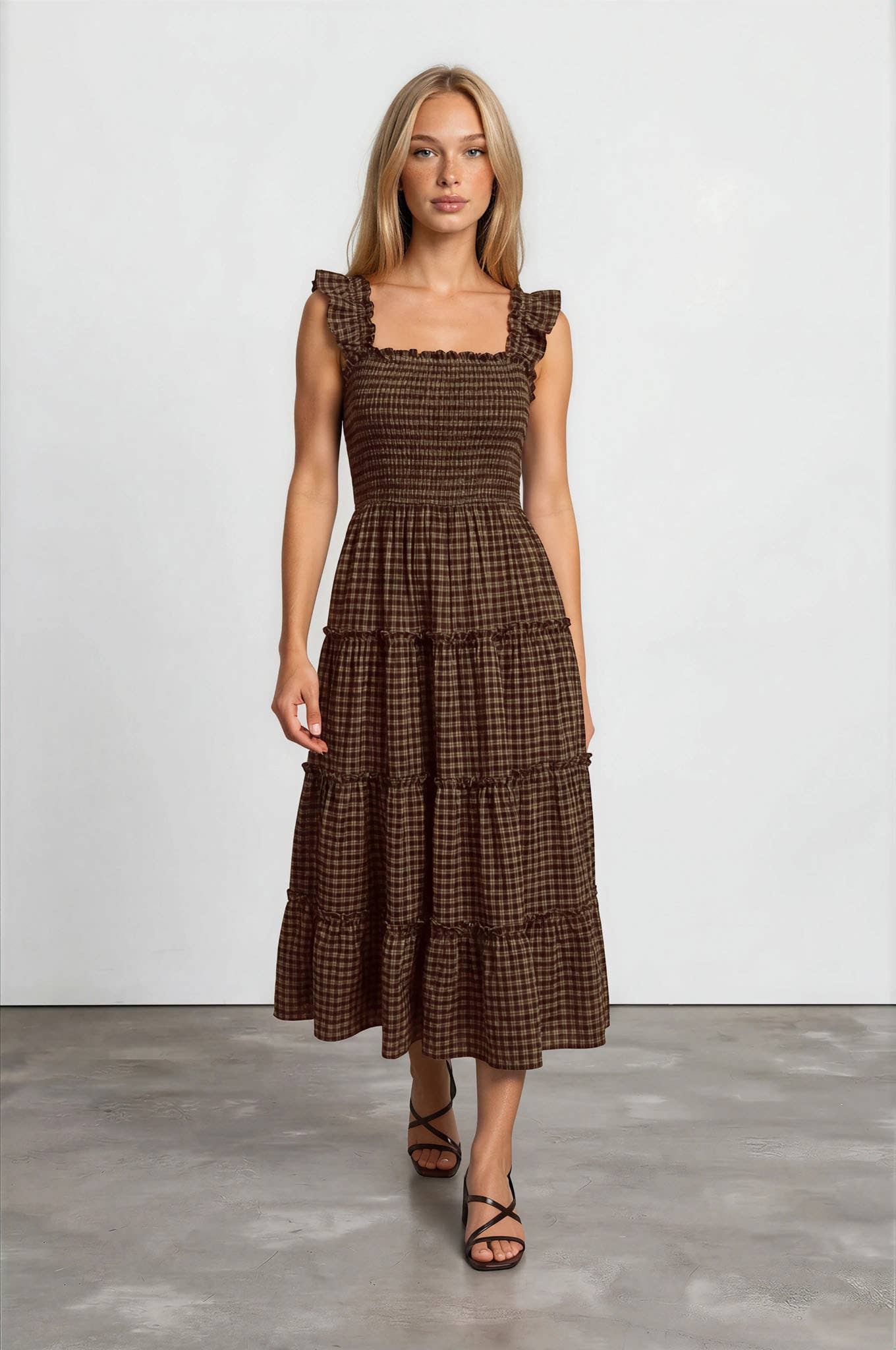 ASHLEY PLAID SMOCKED MIDI DRESS WITH RUFFLE SLEEVE DETAIL