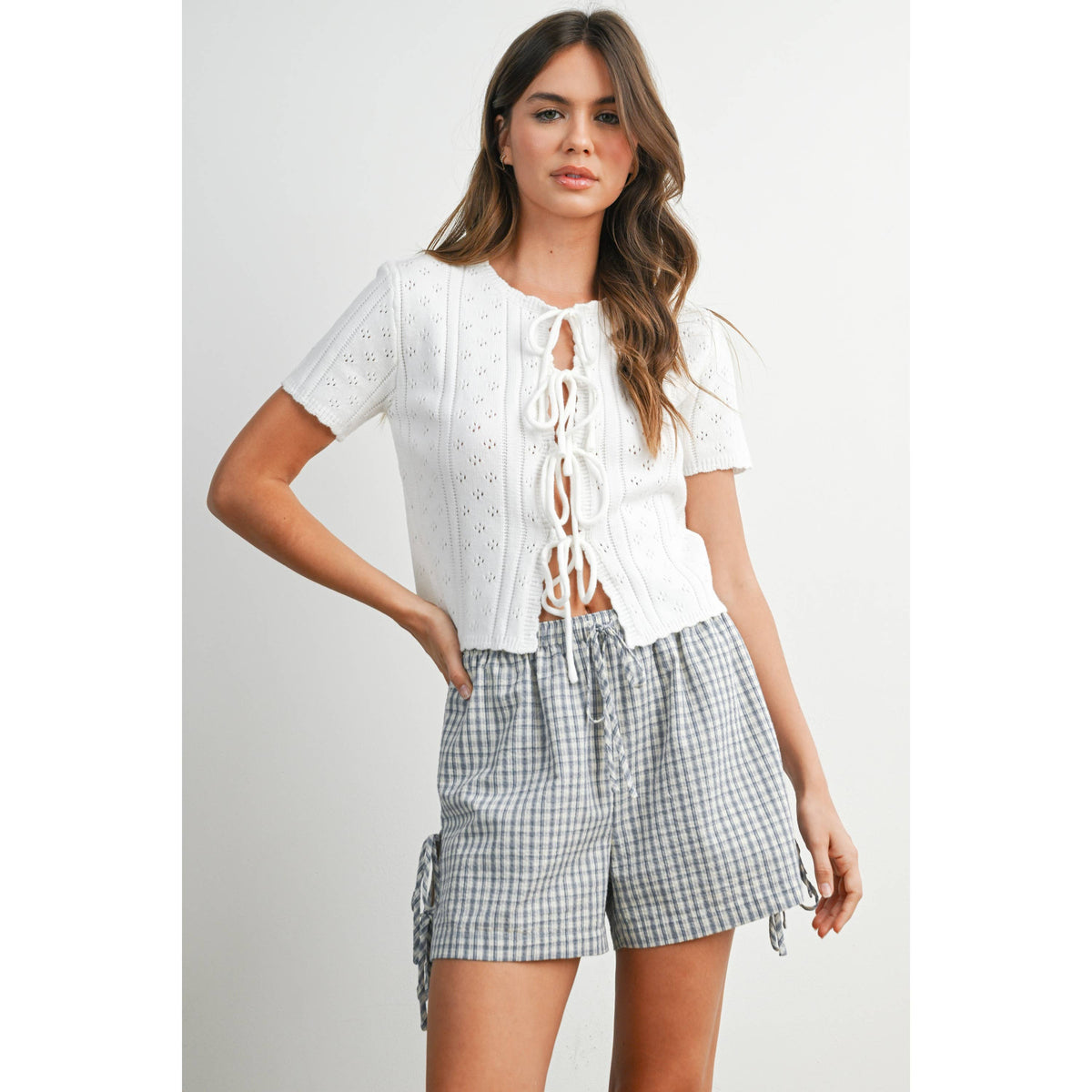 The Michelle Scalloped Tie-Front Pointelle Knit Top