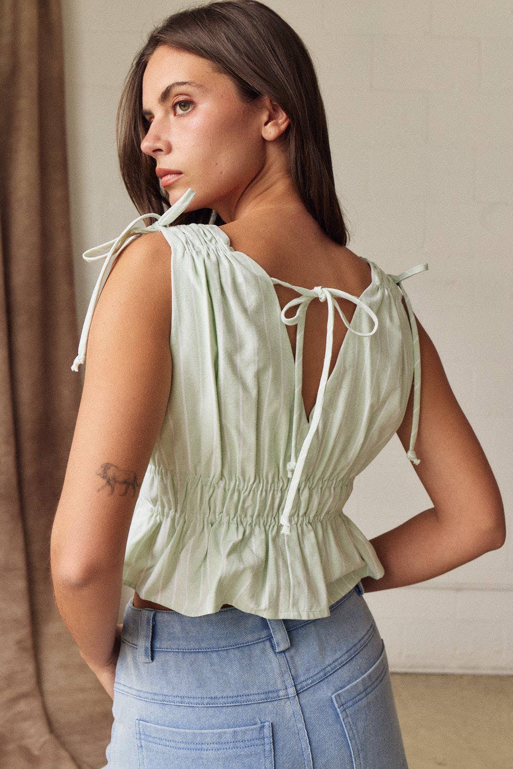 Tie Shoulder V Neck Peplum Top