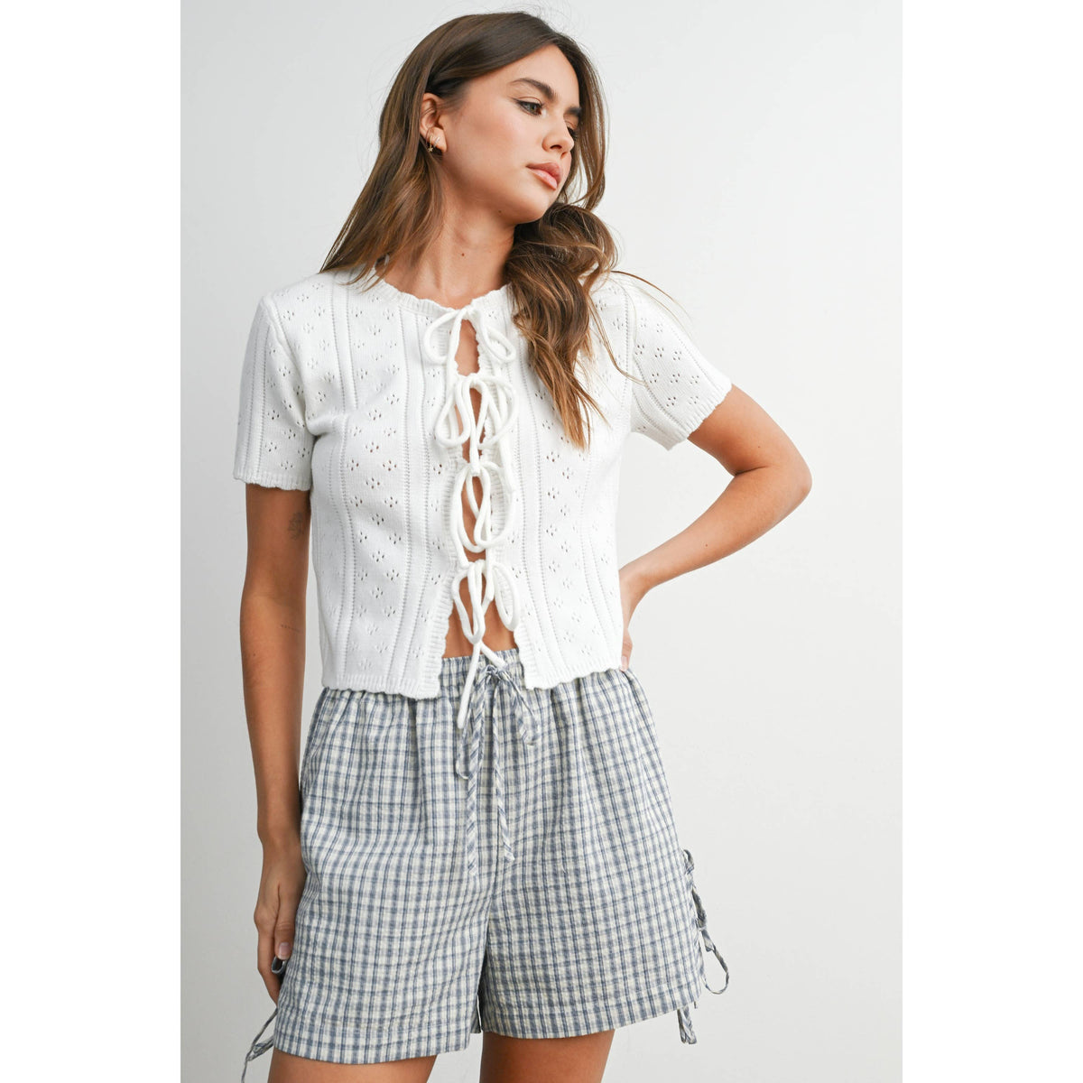 The Michelle Scalloped Tie-Front Pointelle Knit Top