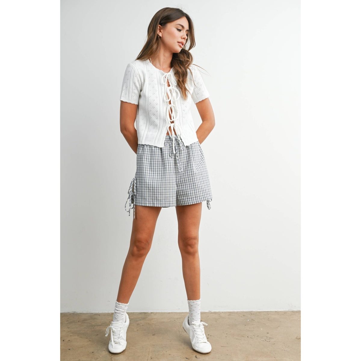 The Michelle Scalloped Tie-Front Pointelle Knit Top