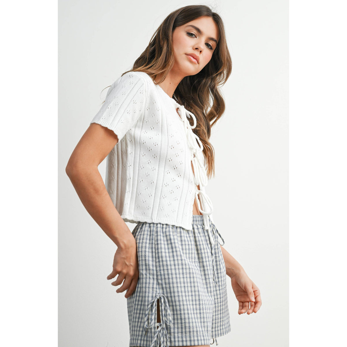 The Michelle Scalloped Tie-Front Pointelle Knit Top