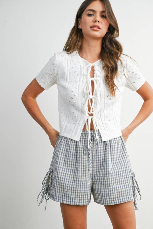 The Michelle Scalloped Tie-Front Pointelle Knit Top