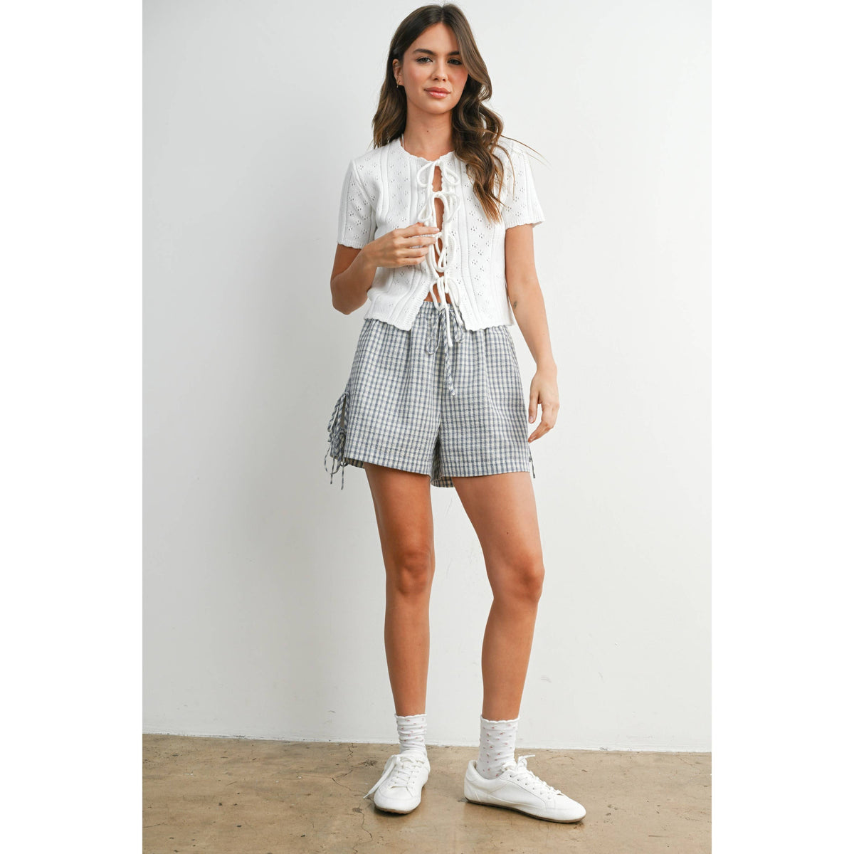 The Michelle Scalloped Tie-Front Pointelle Knit Top