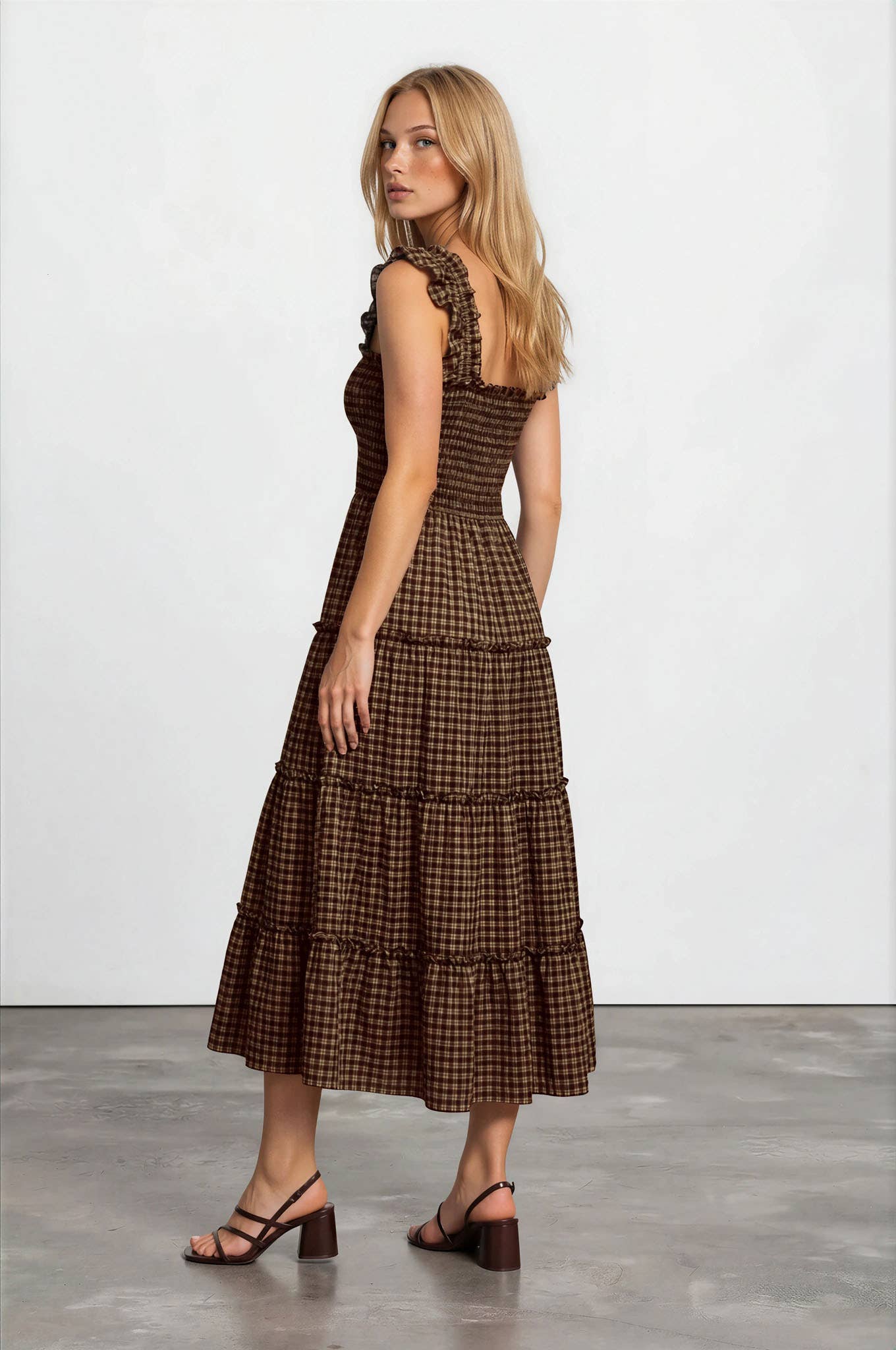 ASHLEY PLAID SMOCKED MIDI DRESS WITH RUFFLE SLEEVE DETAIL