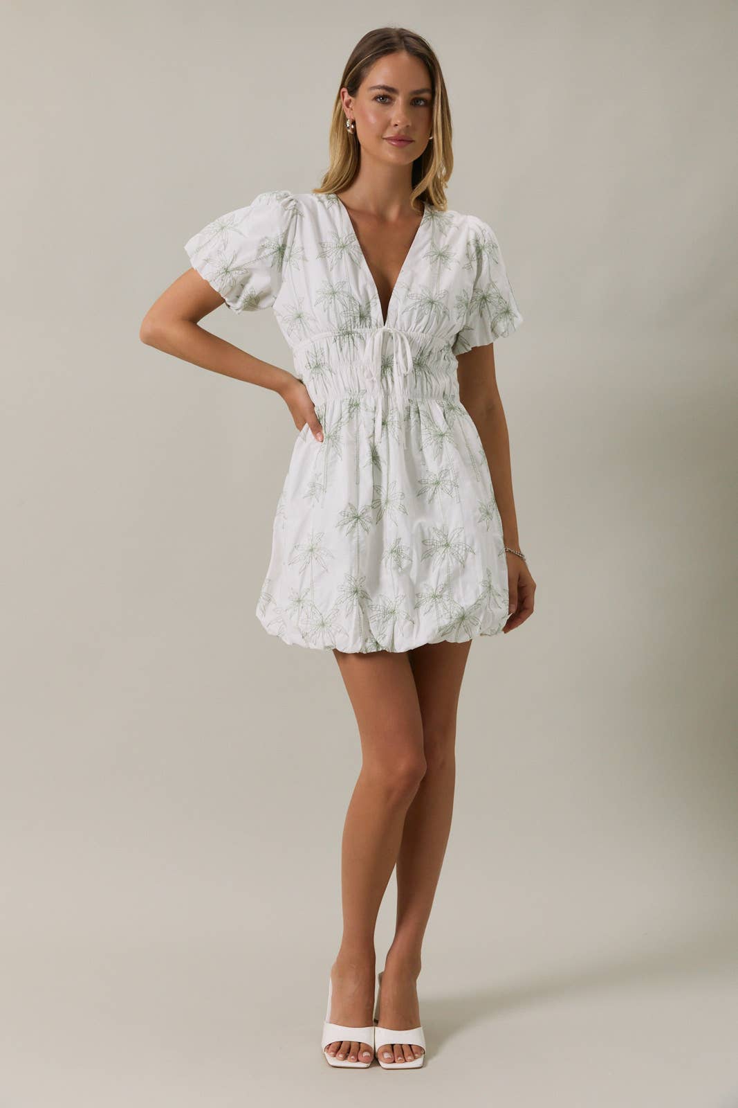 V NECK SHORT BUBBLE SLEEVE SHIRRED MINI DRESS