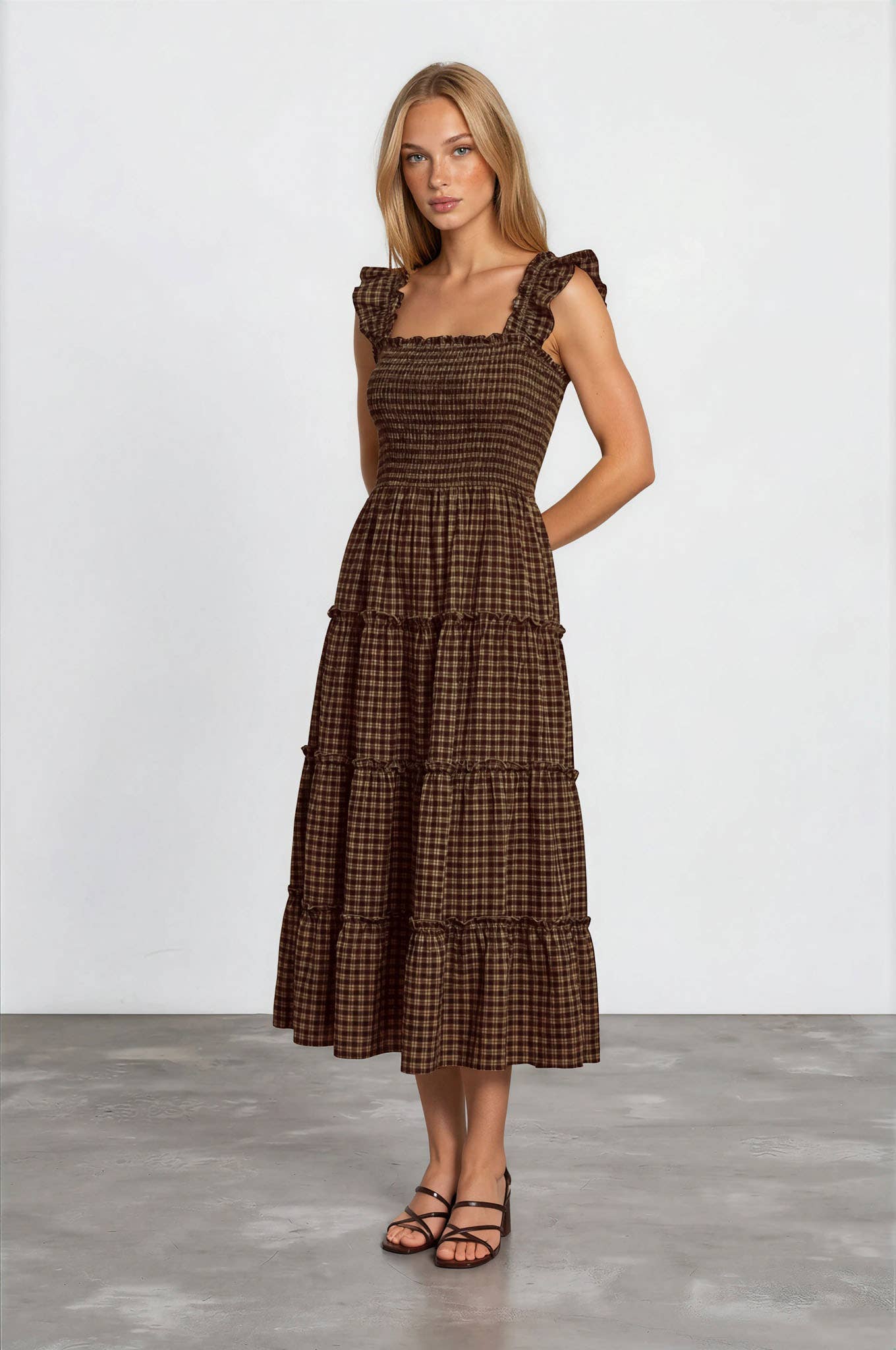 ASHLEY PLAID SMOCKED MIDI DRESS WITH RUFFLE SLEEVE DETAIL