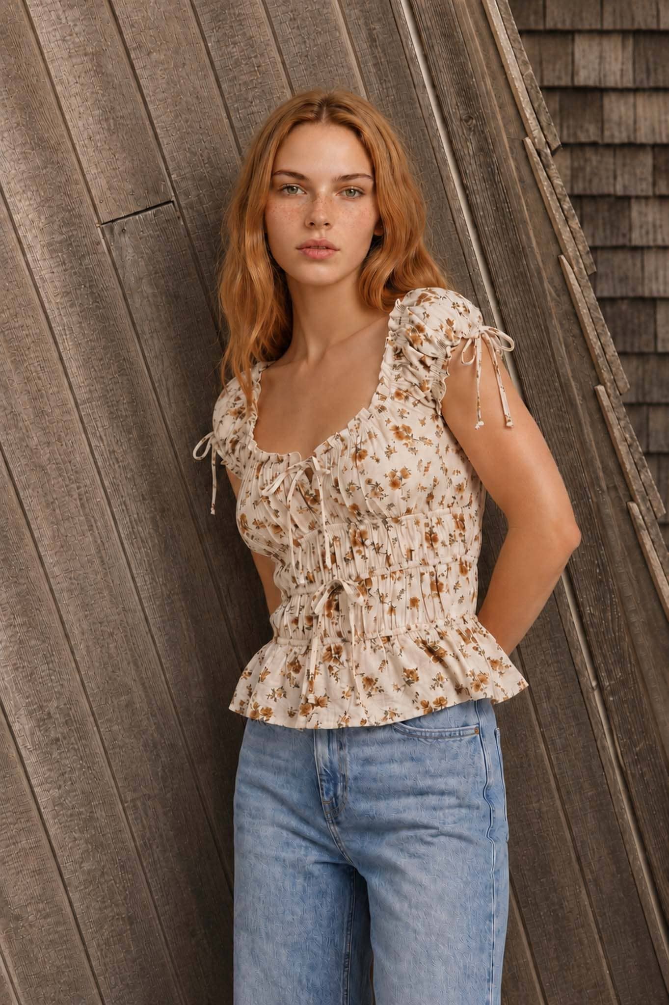 AVA FLORAL FRONT TIE SHIRRED WAIST RUFFLED TOP