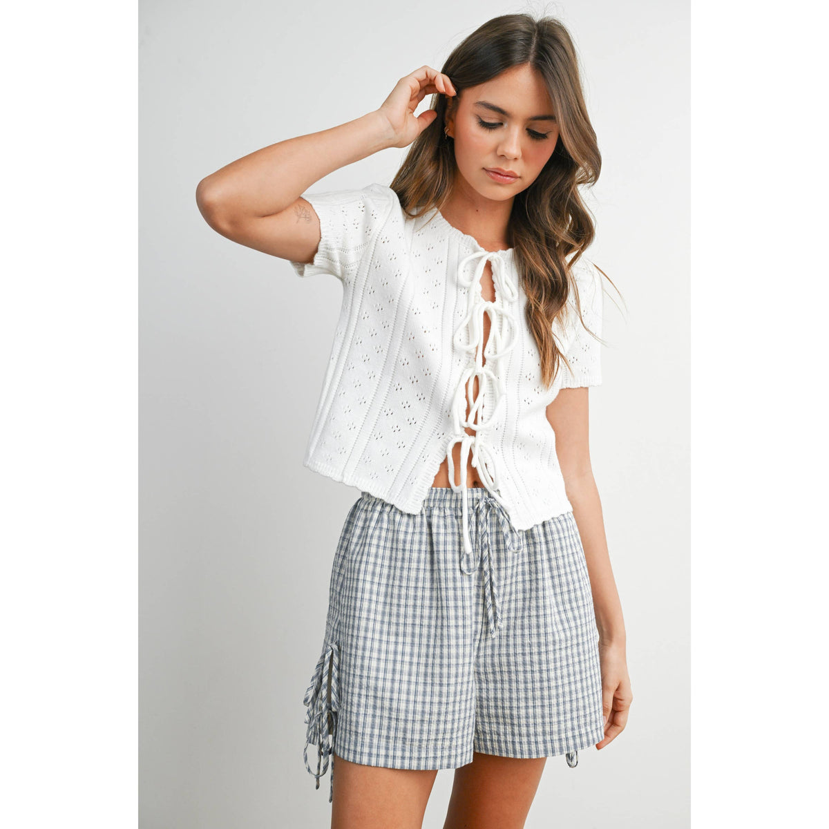 The Michelle Scalloped Tie-Front Pointelle Knit Top