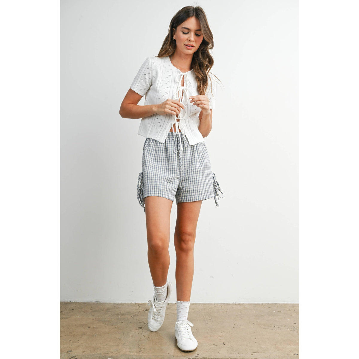 The Michelle Scalloped Tie-Front Pointelle Knit Top