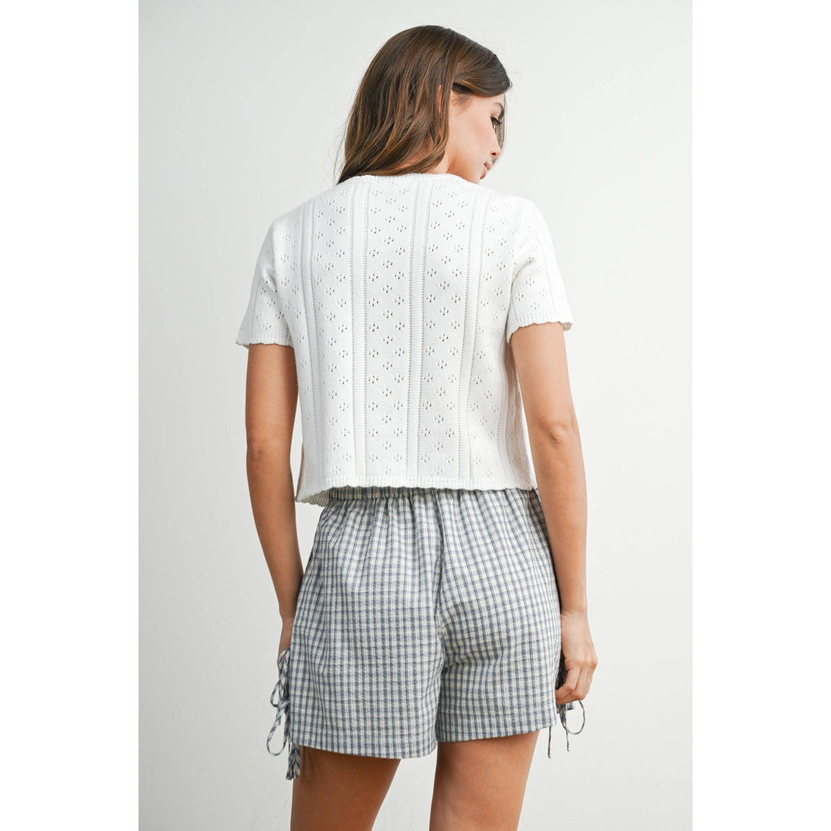 The Michelle Scalloped Tie-Front Pointelle Knit Top