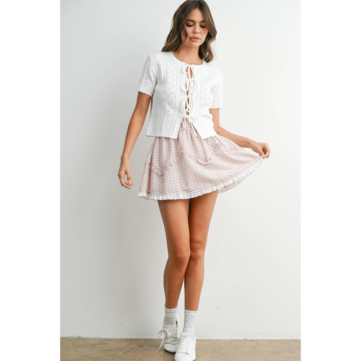 The Michelle Scalloped Tie-Front Pointelle Knit Top